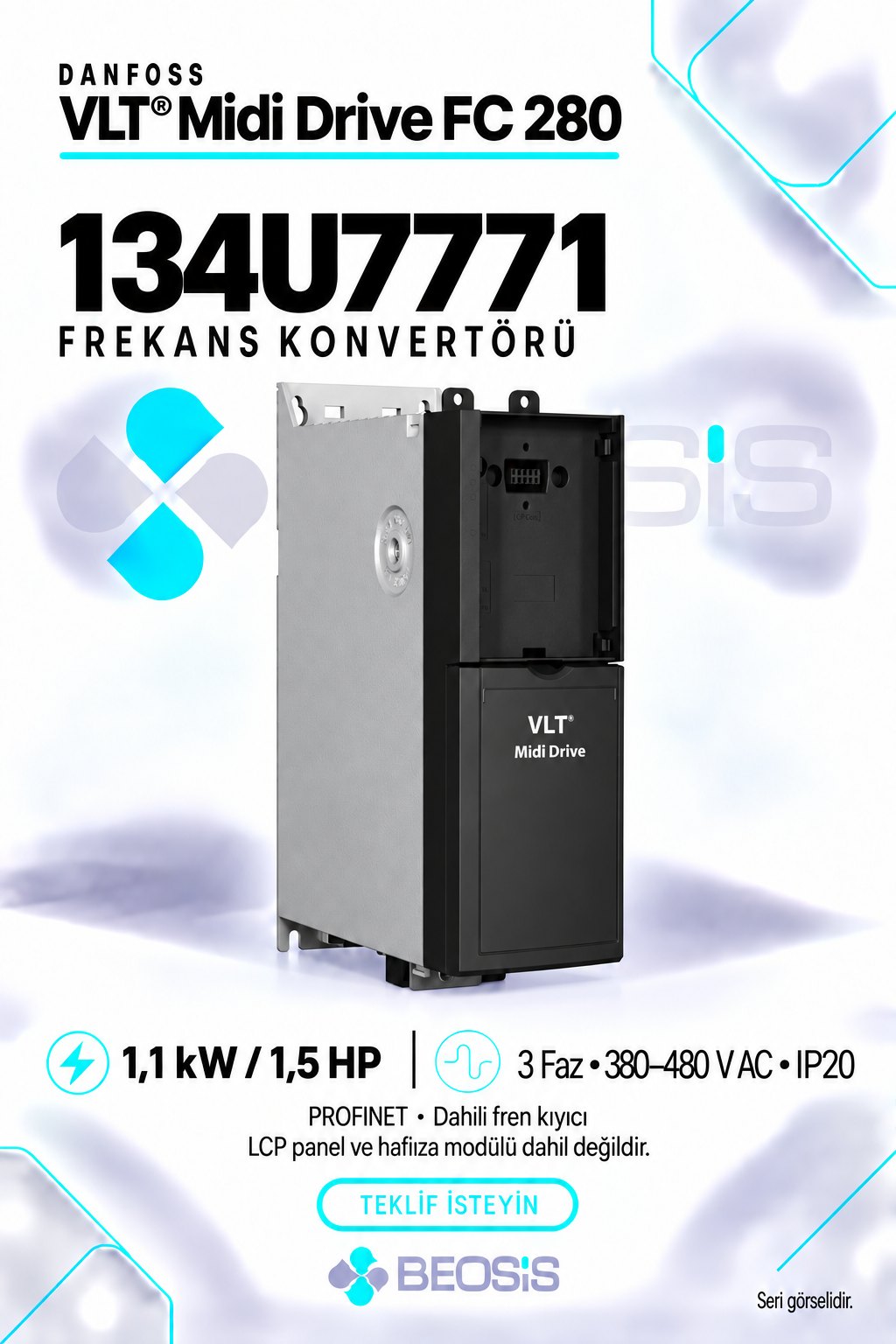 Danfoss 134U7771 VLT Midi Drive FC 280 1,1 kW 380–480 V IP20 PROFINET Motor Hız Kontrol Cihazı – Panelsiz