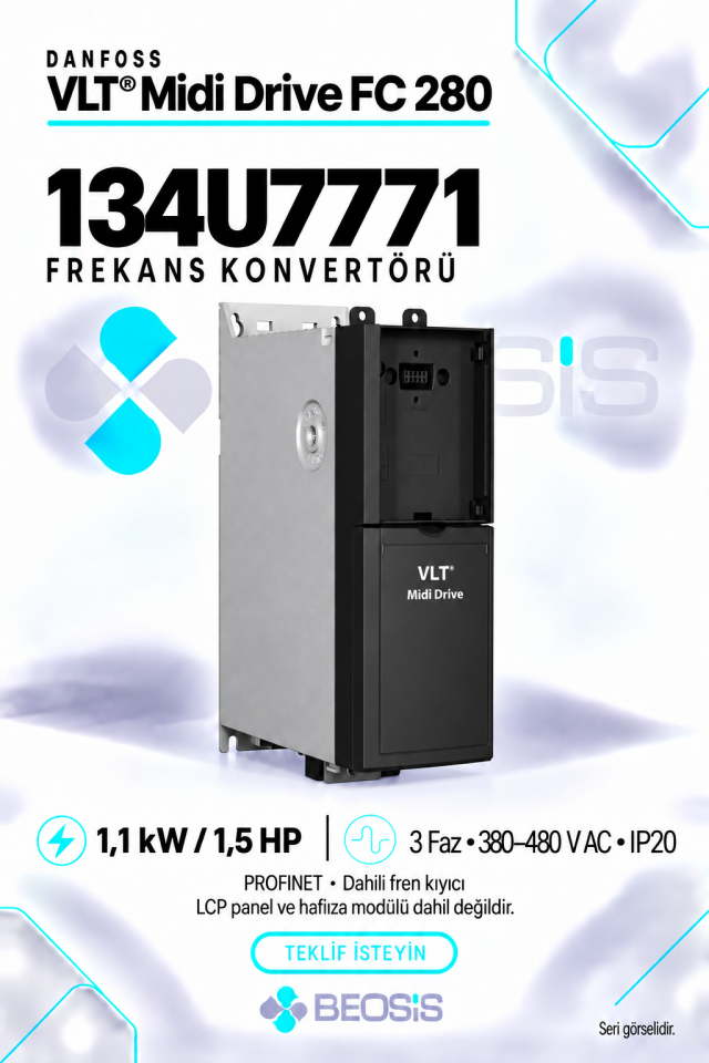 Danfoss 134U7771 VLT Midi Drive FC 280 1,1 kW 380–480 V IP20 PROFINET Motor Hız Kontrol Cihazı – Panelsiz