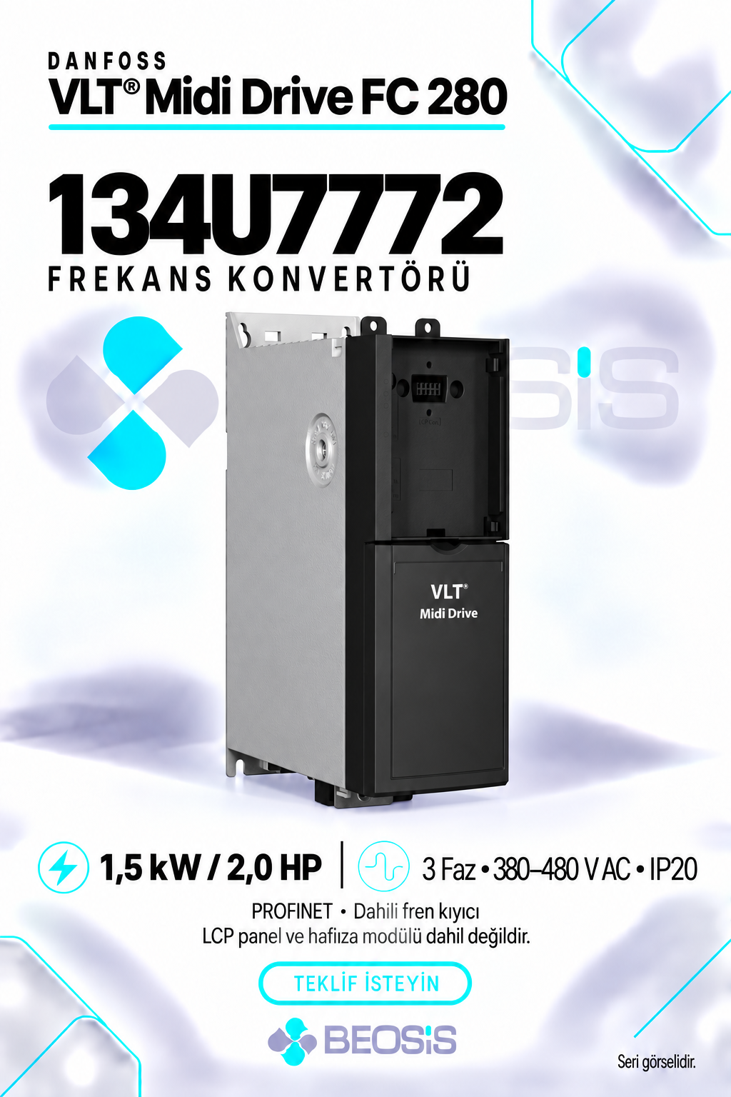 Danfoss 134U7772 VLT Midi Drive FC 280 1,5 kW 380–480 V IP20 PROFINET Motor Hız Kontrol Cihazı – Panelsiz