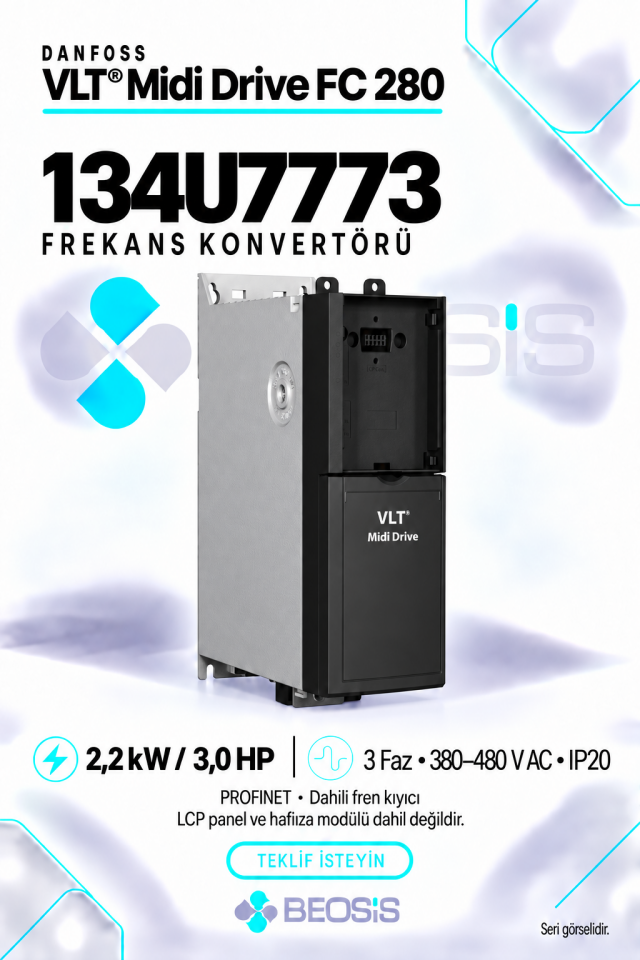 Danfoss 134U7773 VLT Midi Drive FC 280 2,2 kW 380–480 V IP20 PROFINET Motor Hız Kontrol Cihazı – Panelsiz