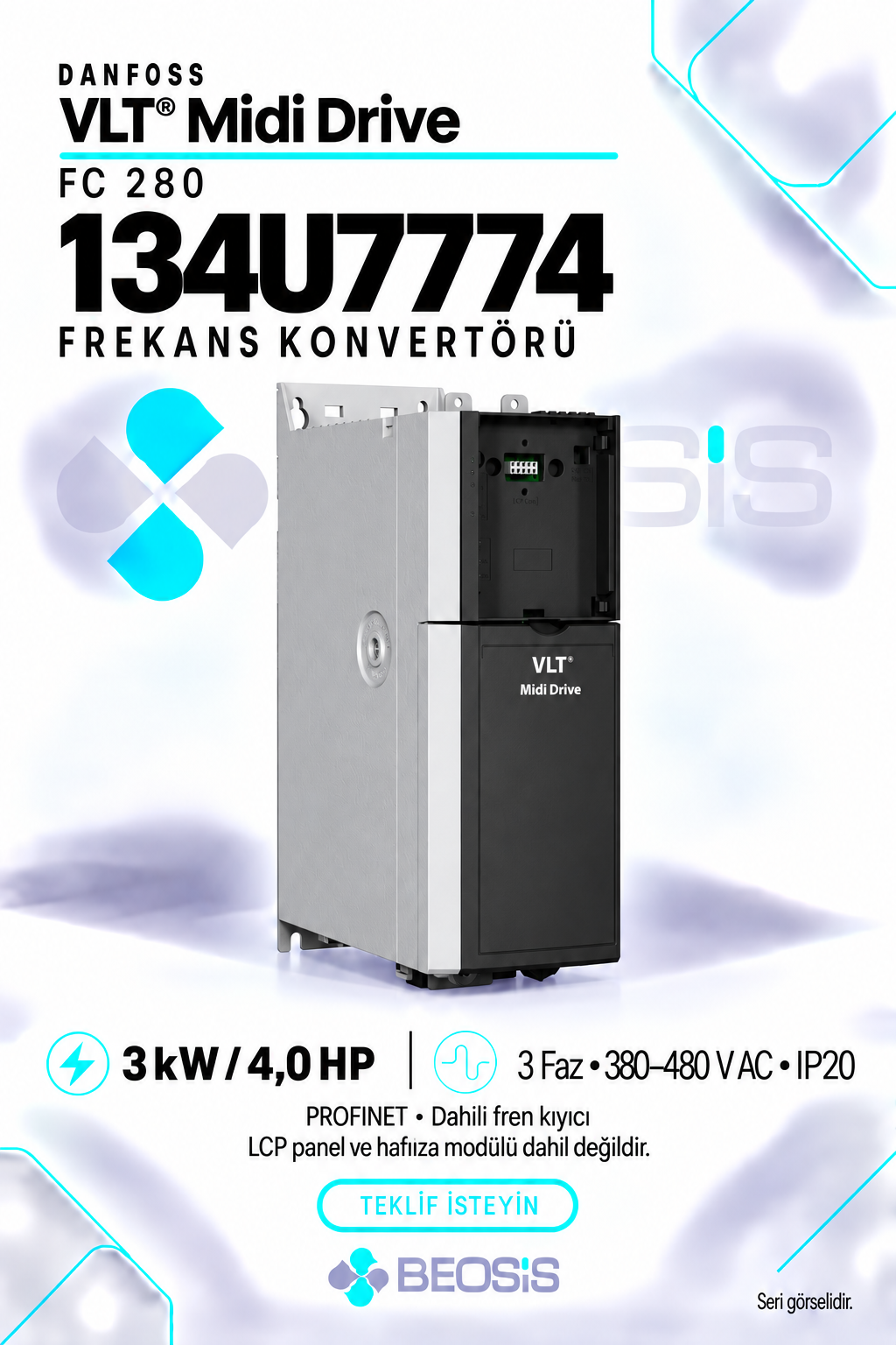 Danfoss 134U7774 VLT Midi Drive FC 280 3 kW 380–480 V IP20 PROFINET Motor Hız Kontrol Cihazı – Panelsiz