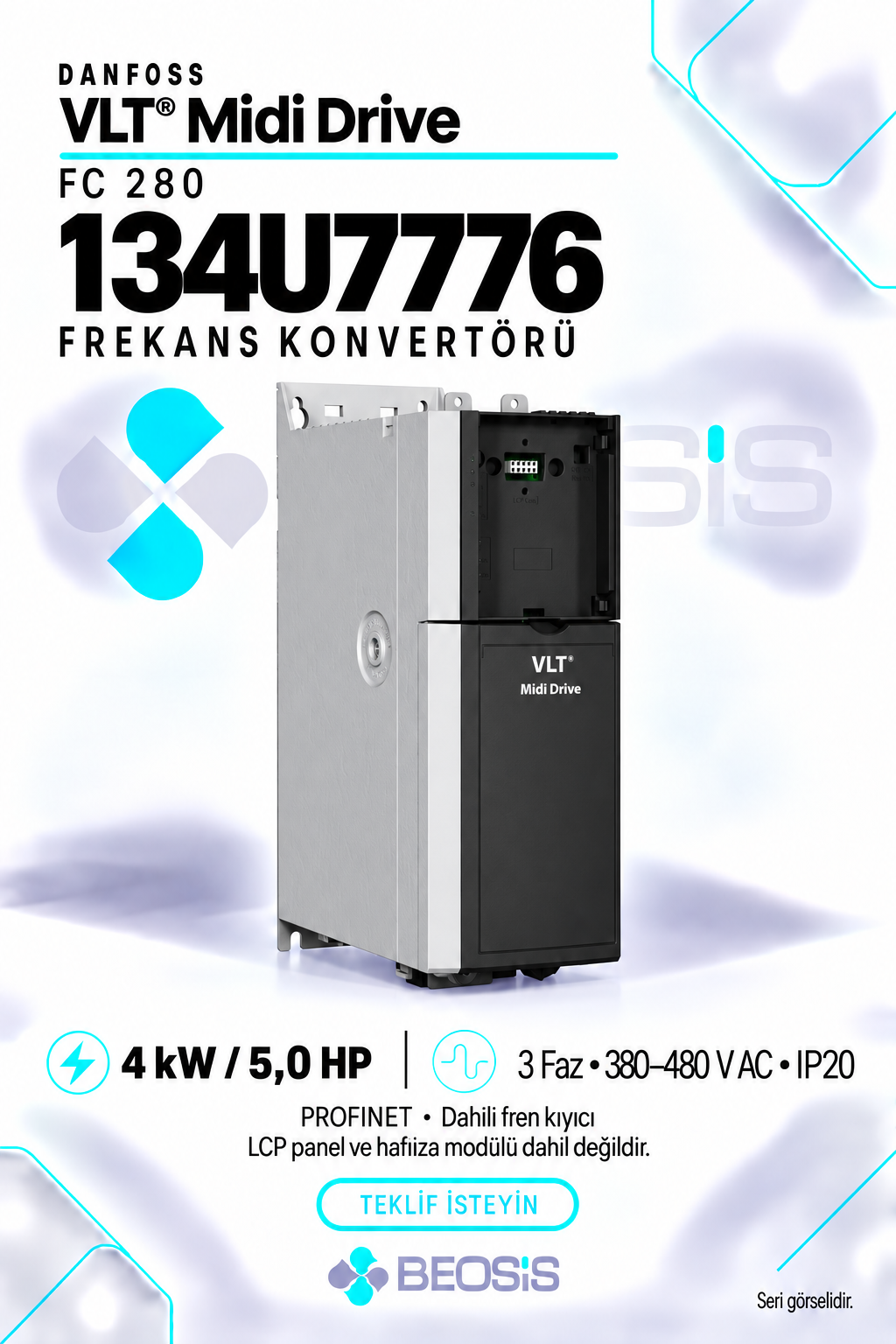 Danfoss 134U7776 VLT Midi Drive FC 280 4 kW 380–480 V IP20 PROFINET Motor Hız Kontrol Cihazı – Panelsiz