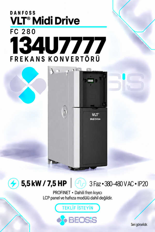 Danfoss 134U7777 VLT Midi Drive FC 280 5,5 kW 380–480 V IP20 PROFINET Motor Hız Kontrol Cihazı – Panelsiz