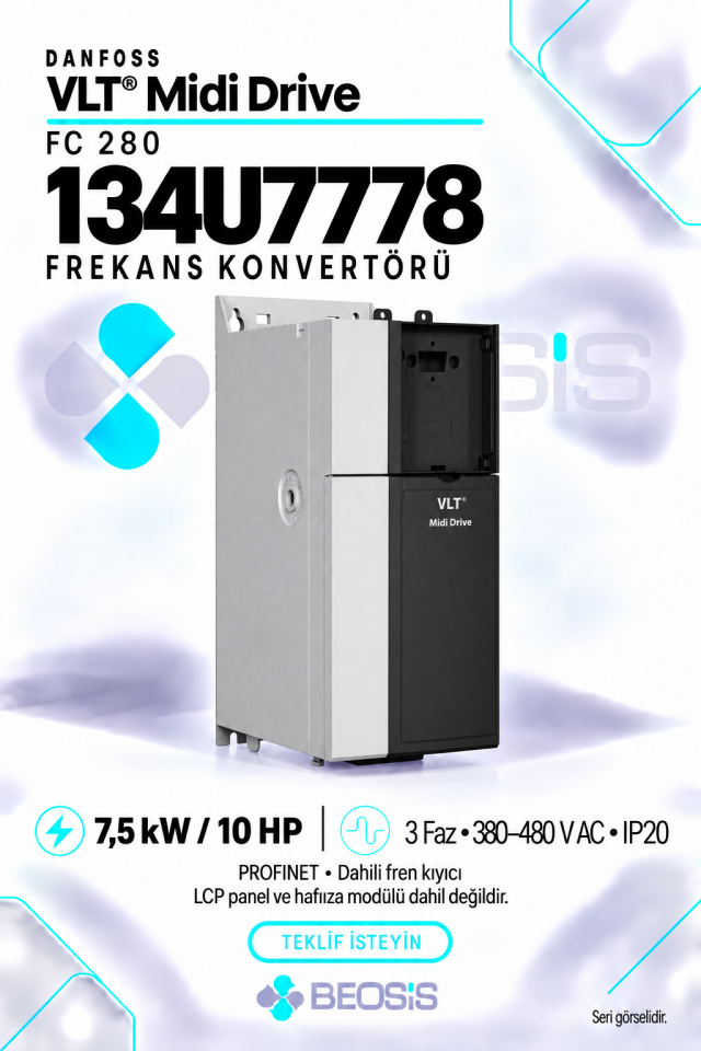 Danfoss 134U7778 VLT Midi Drive FC 280 7,5 kW 380–480 V IP20 PROFINET Motor Hız Kontrol Cihazı – Panelsiz