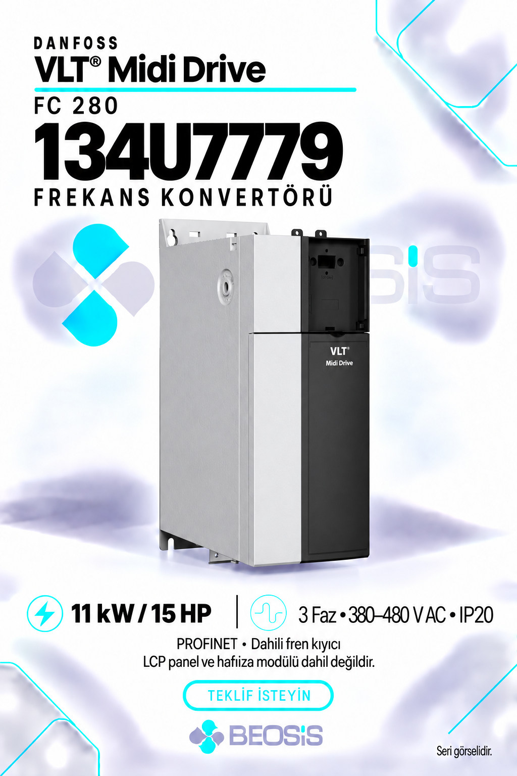 Danfoss 134U7779 VLT Midi Drive FC 280 11 kW 380–480 V IP20 PROFINET Motor Hız Kontrol Cihazı – Panelsiz