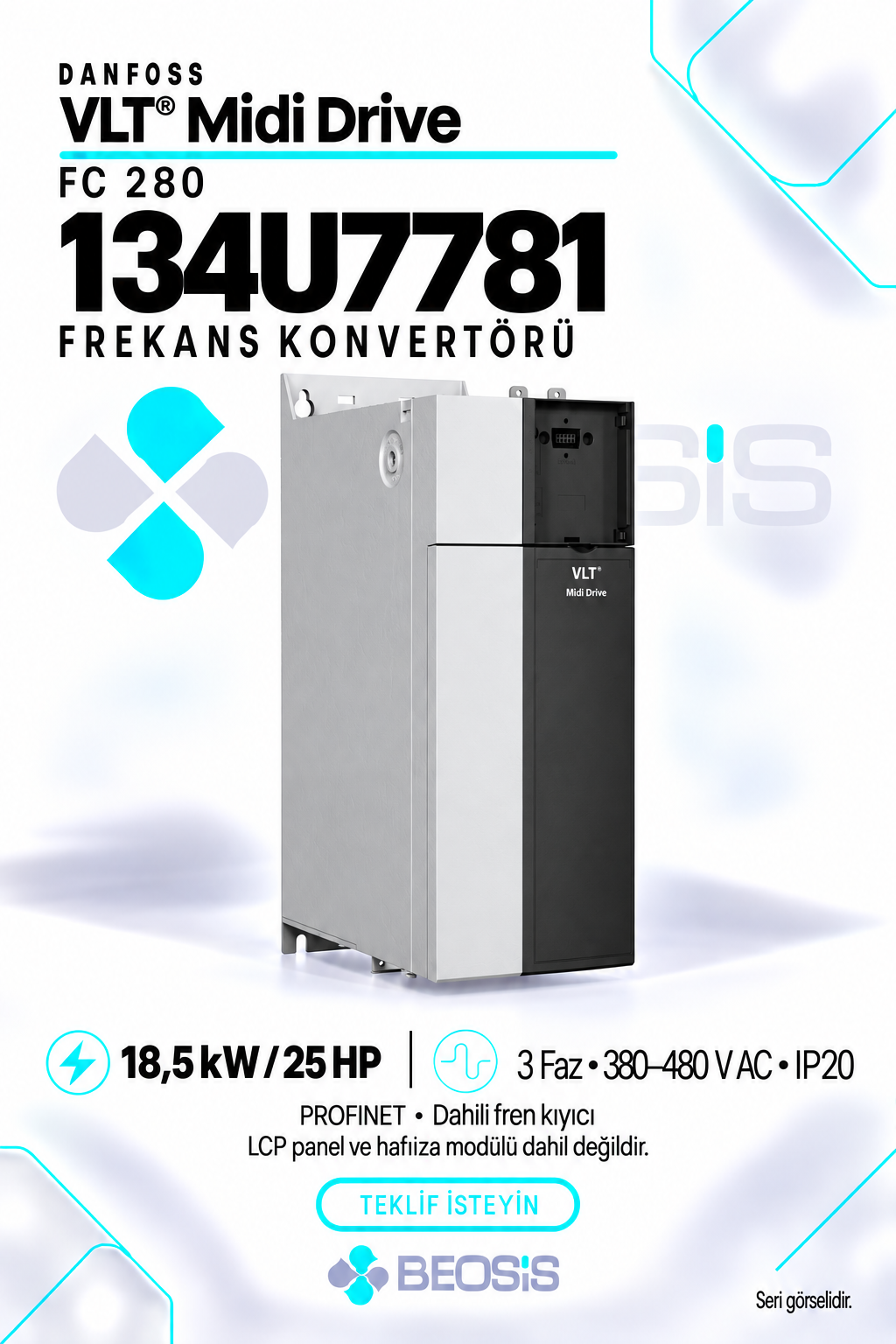 Danfoss 134U7781 VLT Midi Drive FC 280 18,5 kW 380–480 V IP20 PROFINET Motor Hız Kontrol Cihazı – Panelsiz