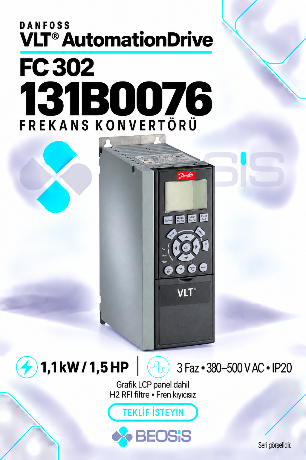 Danfoss 131B0076 VLT AutomationDrive FC 302 1,1 kW 380–500 V IP20 Grafik Panelli Motor Hız Kontrol Cihazı