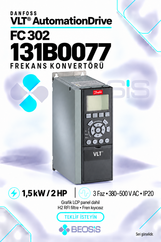 Danfoss 131B0077 VLT AutomationDrive FC 302 1,5 kW 380–500 V IP20 Grafik Panelli Motor Hız Kontrol Cihazı