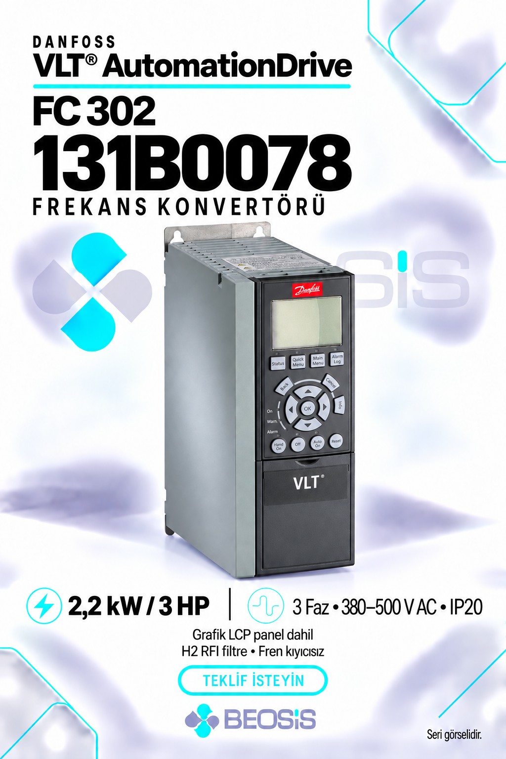 Danfoss 131B0078 VLT AutomationDrive FC 302 2,2 kW 380–500 V IP20 Grafik Panelli Motor Hız Kontrol Cihazı