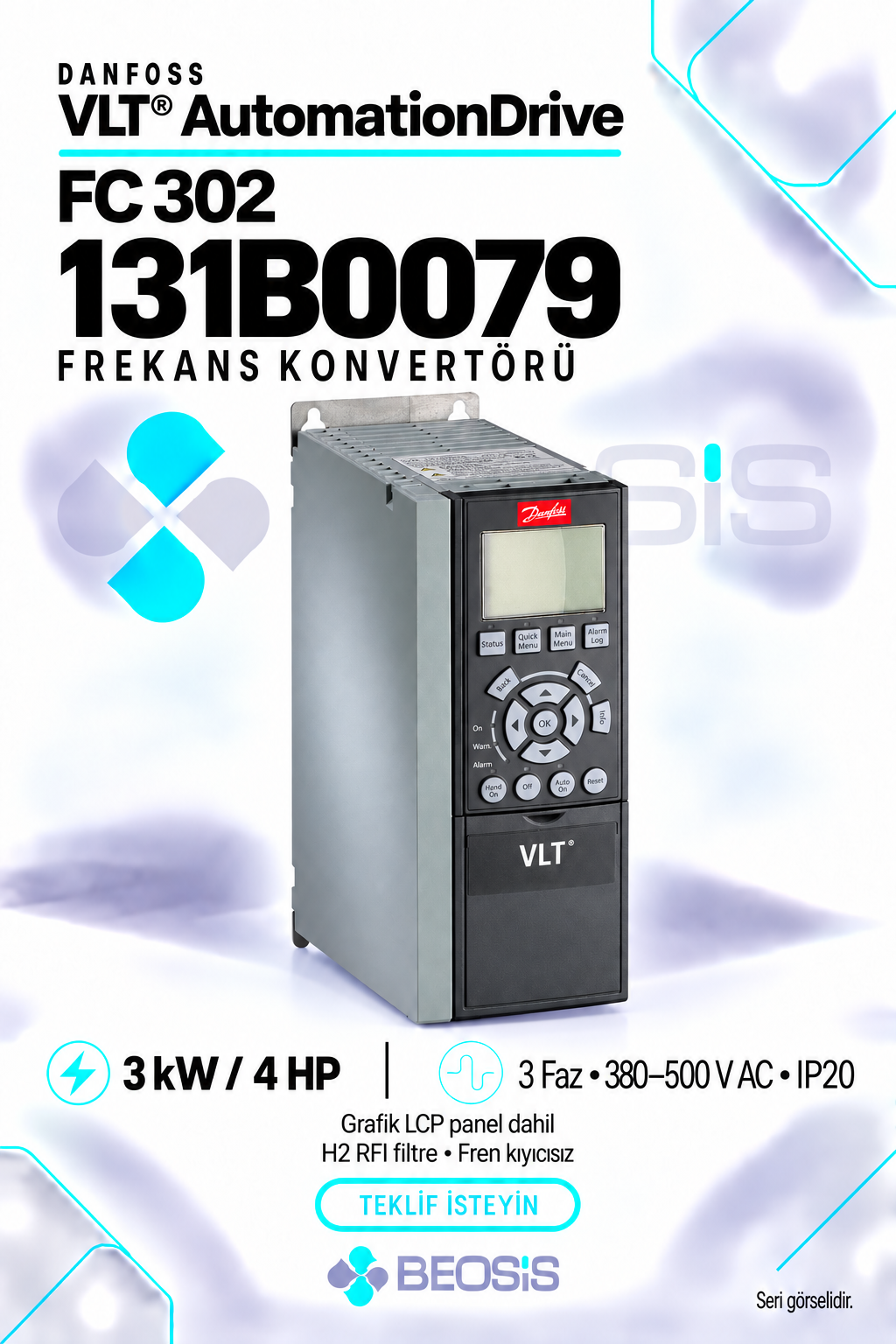Danfoss 131B0079 VLT AutomationDrive FC 302 3 kW 380–500 V IP20 Grafik Panelli Motor Hız Kontrol Cihazı