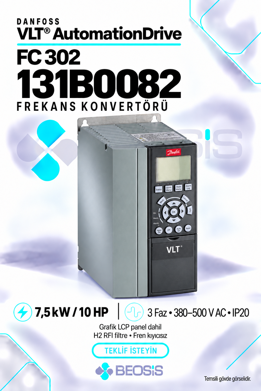 Danfoss 131B0082 VLT AutomationDrive FC 302 7,5 kW 380–500 V IP20 Grafik Panelli Motor Hız Kontrol Cihazı