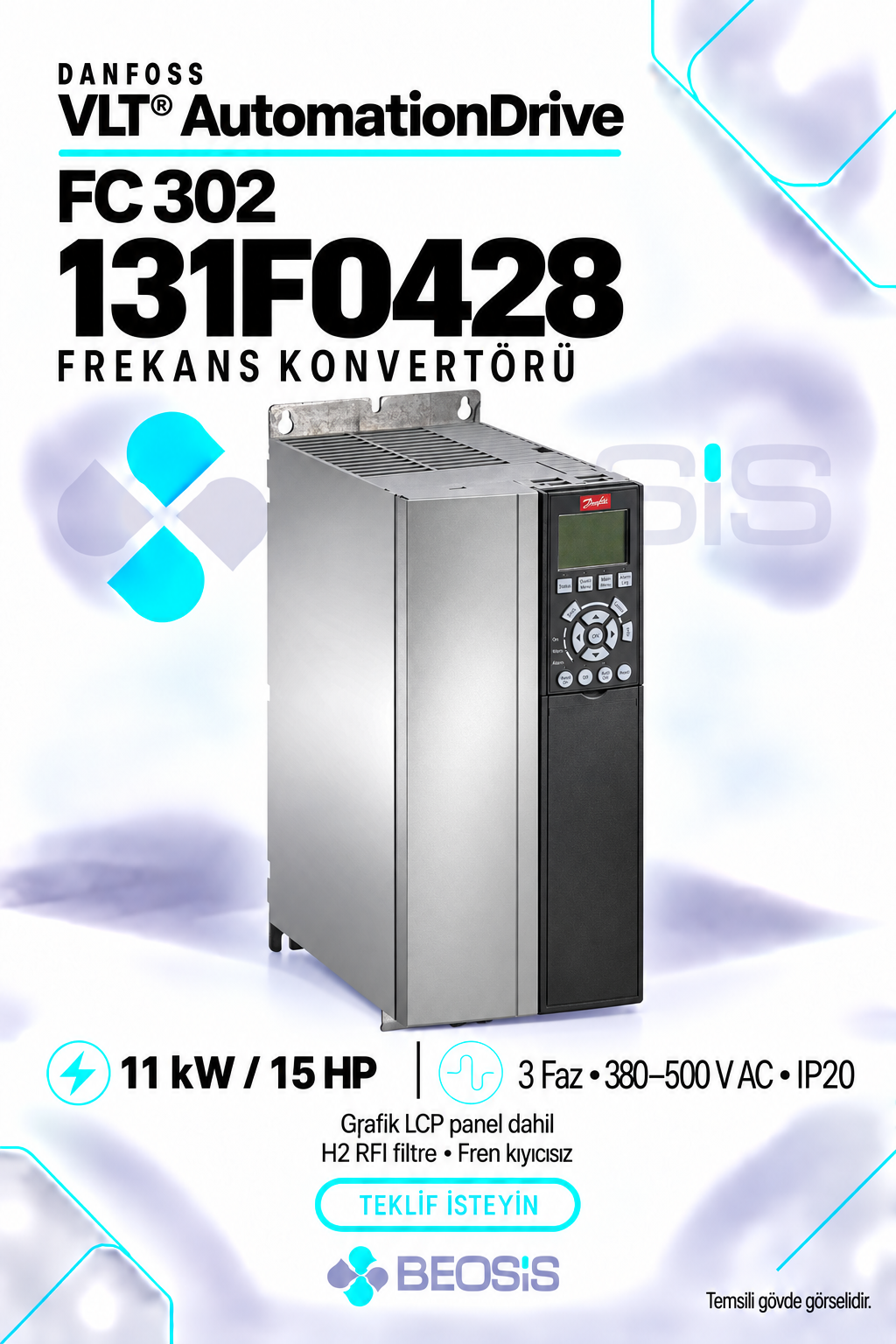 Danfoss 131F0428 VLT AutomationDrive FC 302 11 kW 380–500 V IP20 Grafik Panelli Motor Hız Kontrol Cihazı