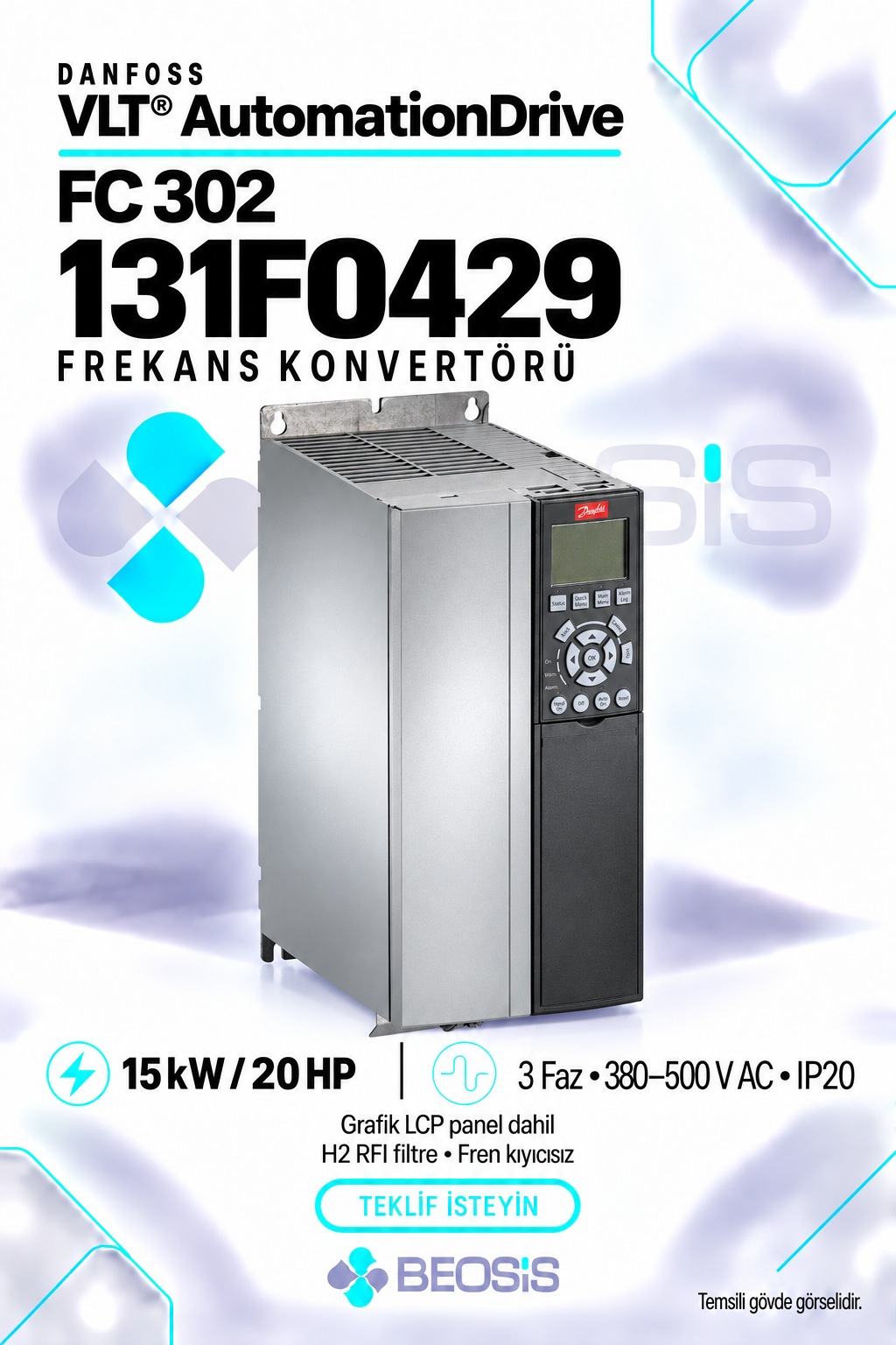 Danfoss 131F0429 VLT AutomationDrive FC 302 15 kW 380–500 V IP20 Grafik Panelli Motor Hız Kontrol Cihazı