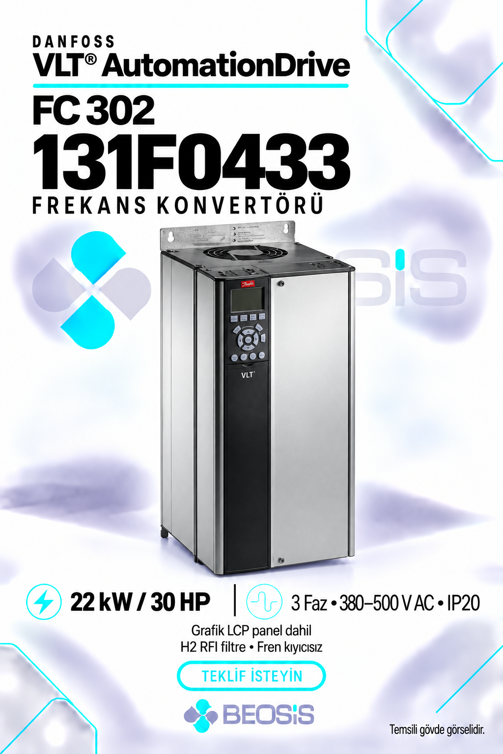 Danfoss 131F0433 VLT AutomationDrive FC 302 22 kW 380–500 V IP20 Grafik Panelli Motor Hız Kontrol Cihazı