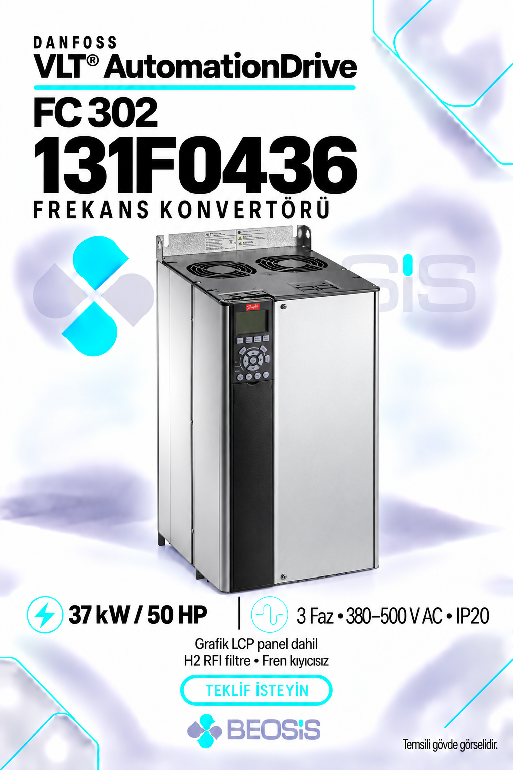Danfoss 131F0436 VLT AutomationDrive FC 302 37 kW 380–500 V IP20 Grafik Panelli Motor Hız Kontrol Cihazı