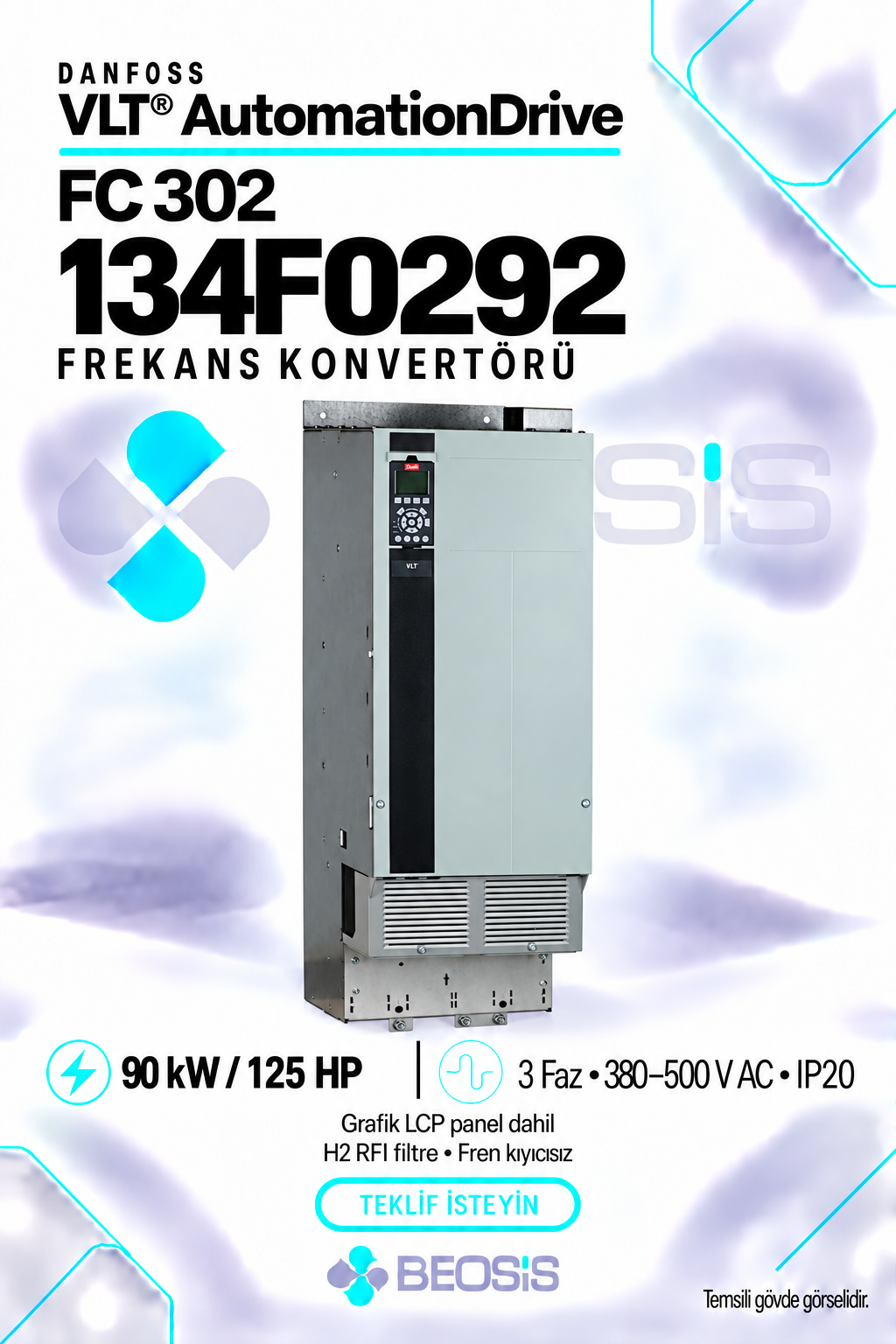 Danfoss 134F0292 VLT AutomationDrive FC 302 90 kW 380–500 V IP20 Grafik Panelli Motor Hız Kontrol Cihazı
