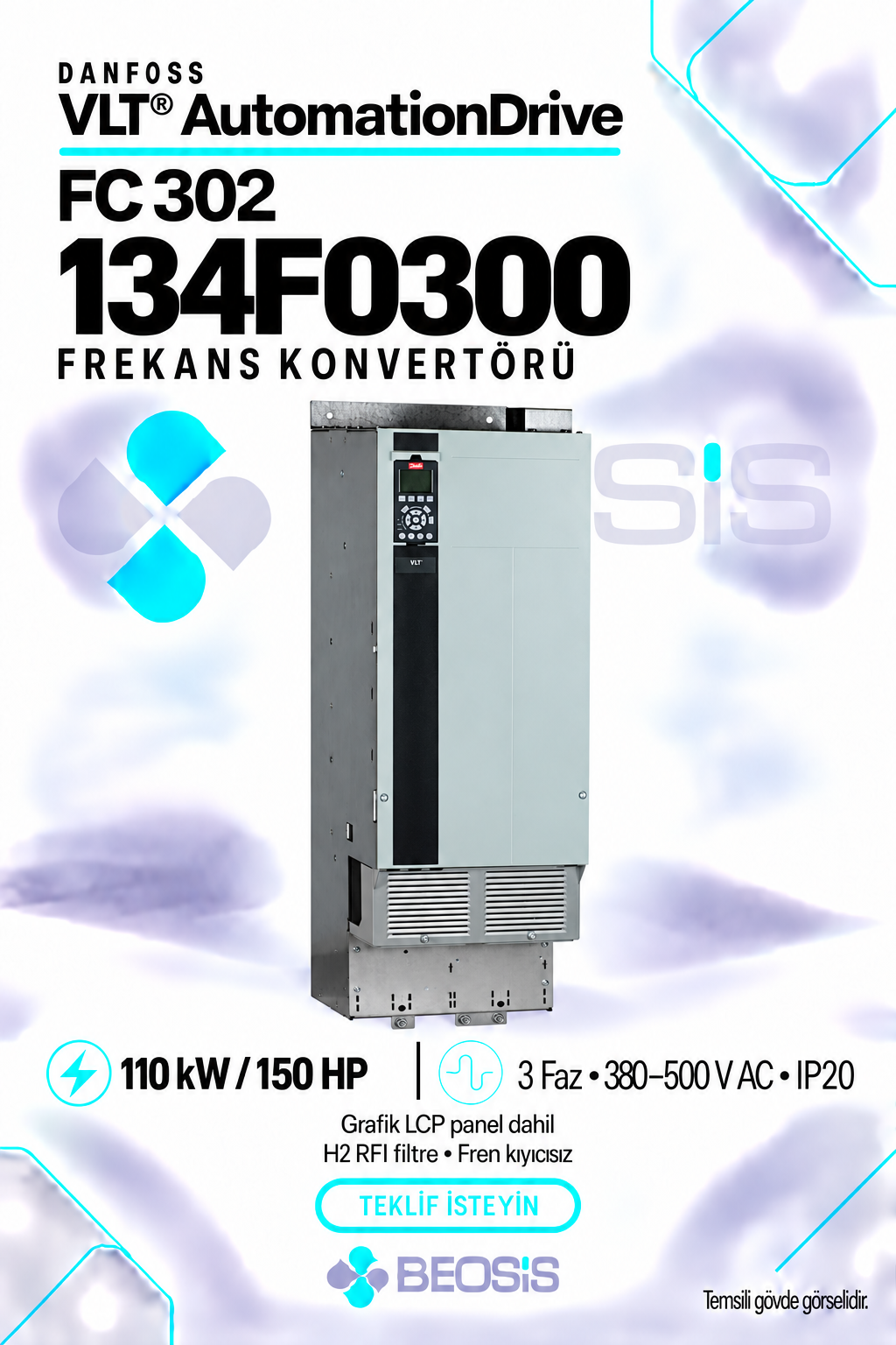 Danfoss 134F0300 VLT AutomationDrive FC 302 110 kW 380–500 V IP20 Grafik Panelli Motor Hız Kontrol Cihazı