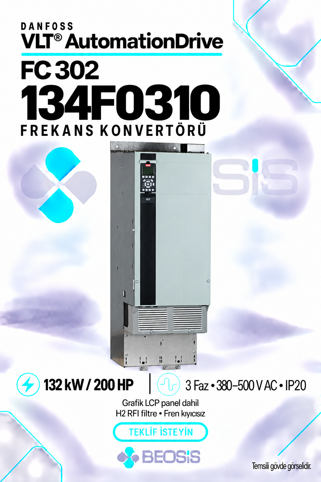 Danfoss 134F0310 VLT AutomationDrive FC 302 132 kW 380–500 V IP20 Grafik Panelli Motor Hız Kontrol Cihazı