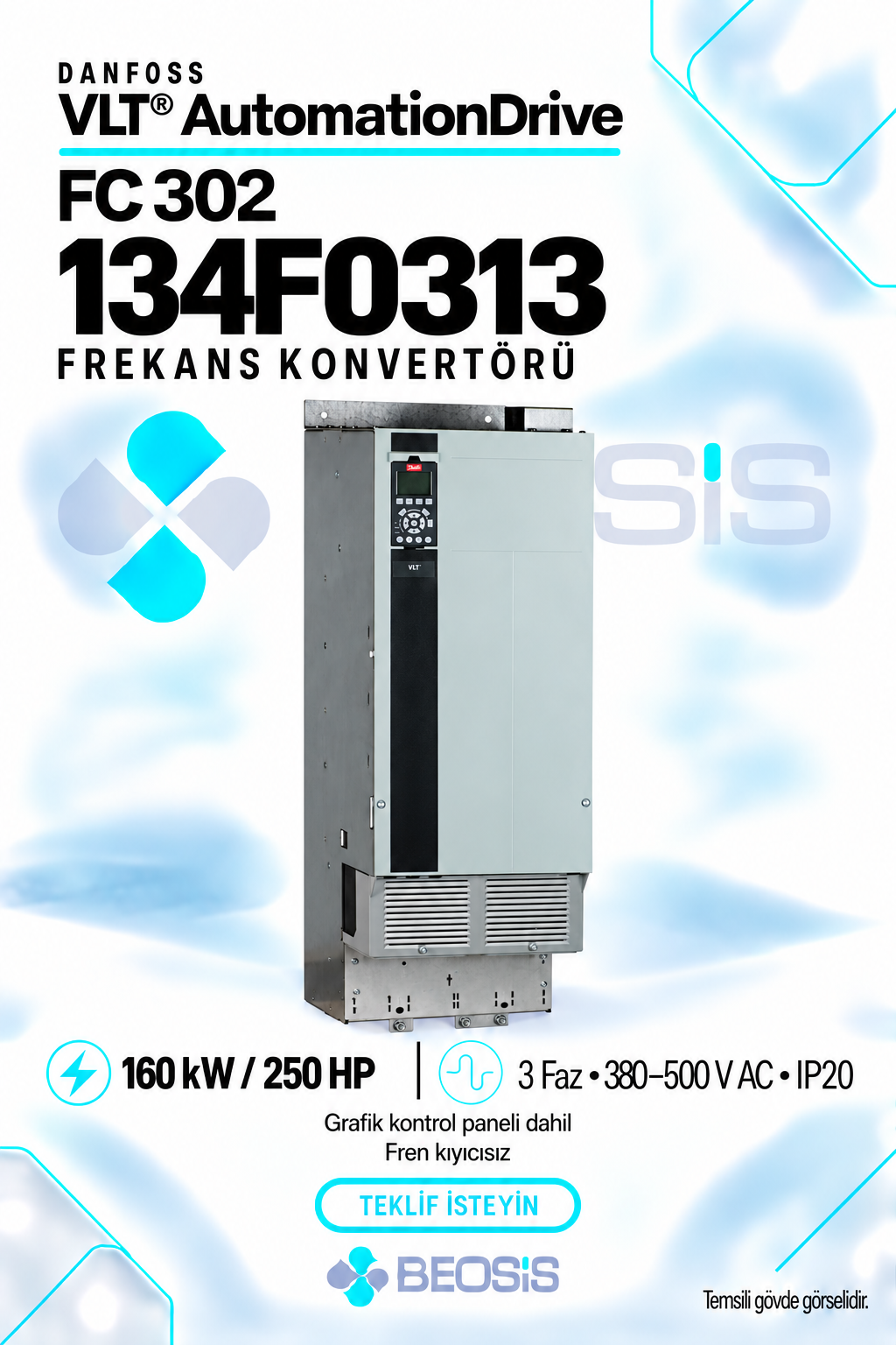 Danfoss 134F0313 VLT AutomationDrive FC 302 160 kW 380–500 V IP20 Grafik Panelli Motor Hız Kontrol Cihazı