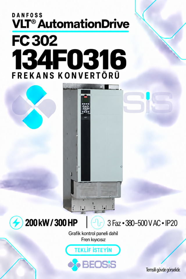 Danfoss 134F0316 VLT AutomationDrive FC 302 200 kW 380–500 V IP20 Grafik Panelli Motor Hız Kontrol Cihazı