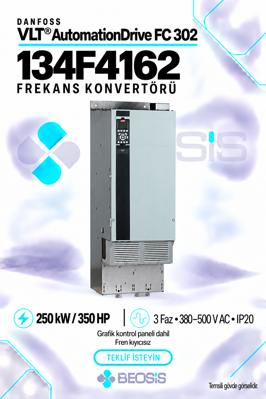 Danfoss 134F4162 VLT AutomationDrive FC 302 250 kW 380–500 V IP20 Grafik Panelli Motor Hız Kontrol Cihazı
