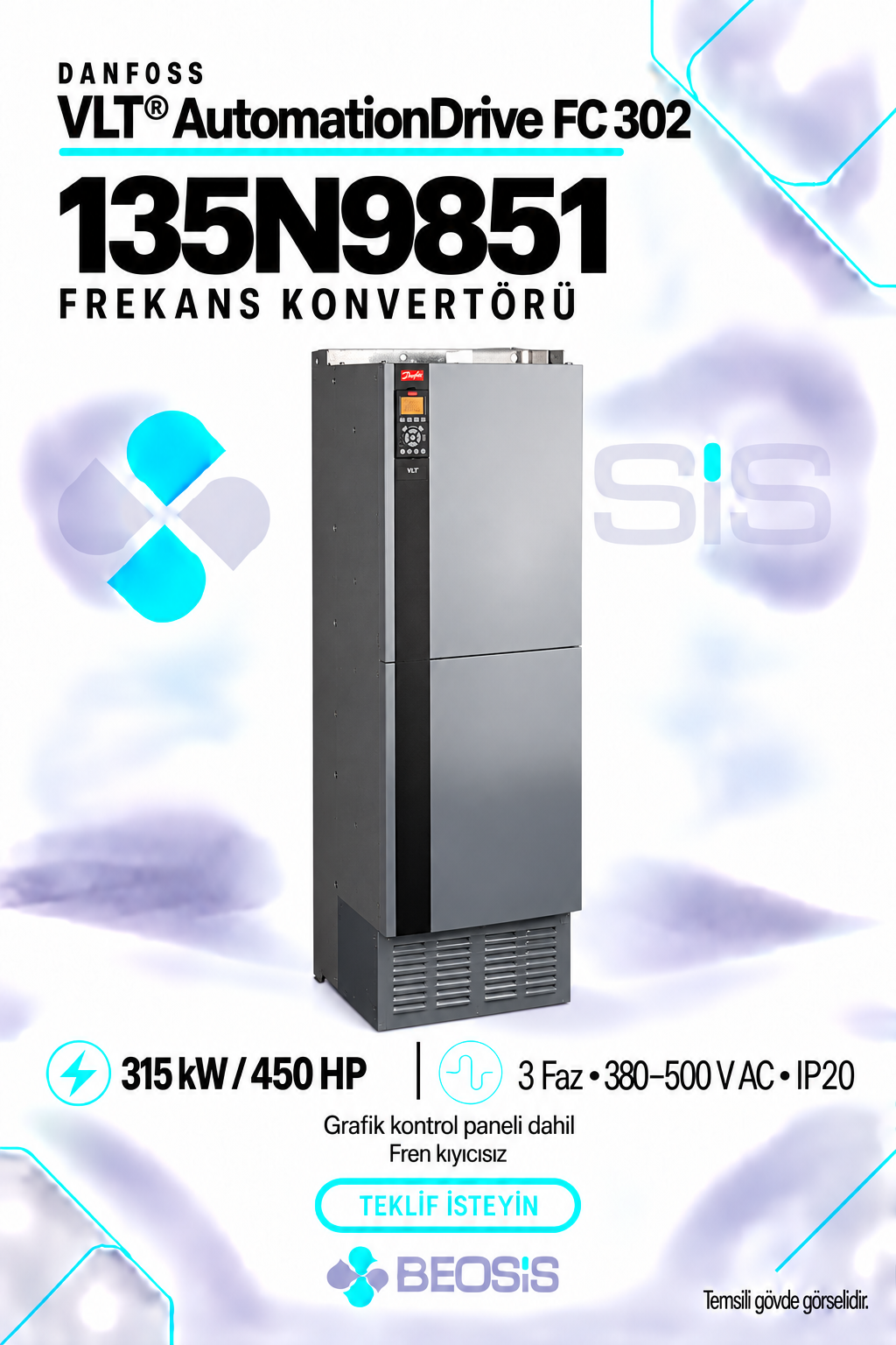 Danfoss 135N9851 VLT AutomationDrive FC 302 315 kW 380–500 V IP20 Grafik Panelli Motor Hız Kontrol Cihazı