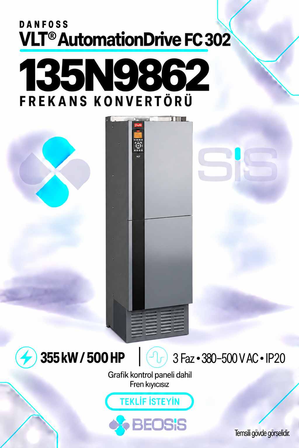 Danfoss 135N9862 VLT AutomationDrive FC 302 355 kW 380–500 V IP20 Grafik Panelli Motor Hız Kontrol Cihazı