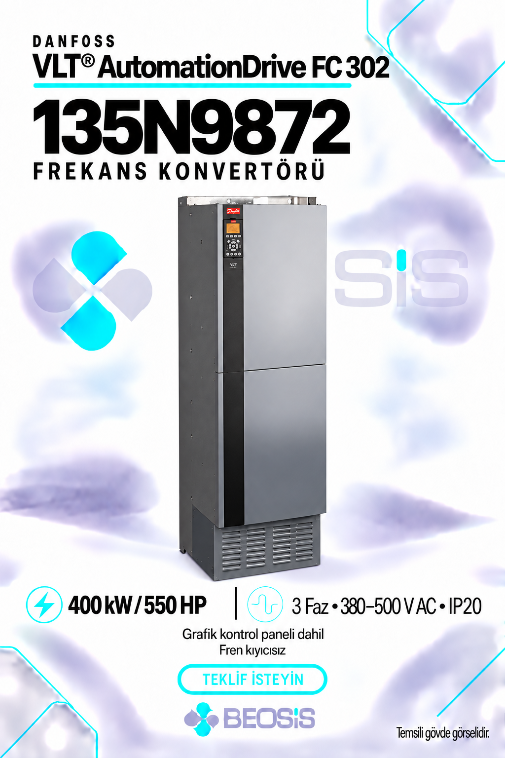 Danfoss 135N9872 VLT AutomationDrive FC 302 400 kW 380–500 V IP20 Grafik Panelli Motor Hız Kontrol Cihazı