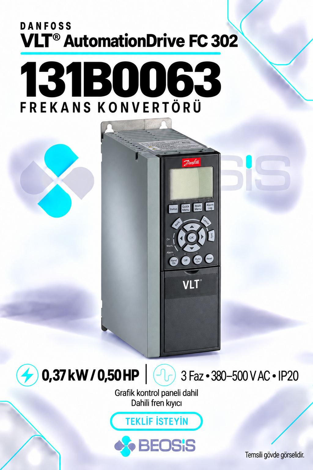 Danfoss 131B0063 VLT AutomationDrive FC 302 0,37 kW 380–500 V IP20 Grafik Panelli ve Fren Kıyıcılı Motor Hız Kontrol Cihazı