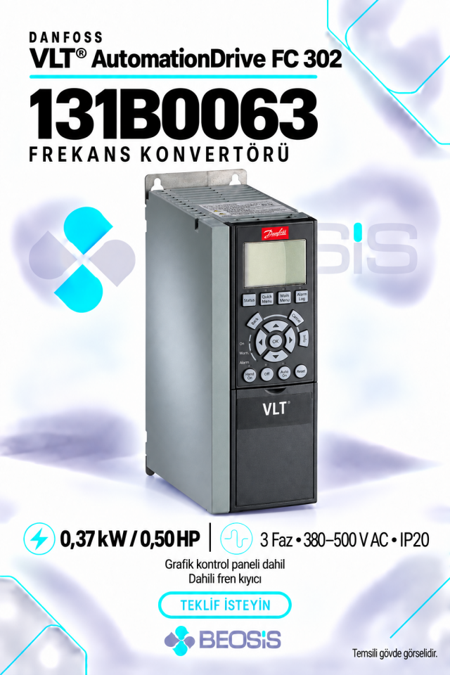 Danfoss 131B0063 VLT AutomationDrive FC 302 0,37 kW 380–500 V IP20 Grafik Panelli ve Fren Kıyıcılı Motor Hız Kontrol Cihazı