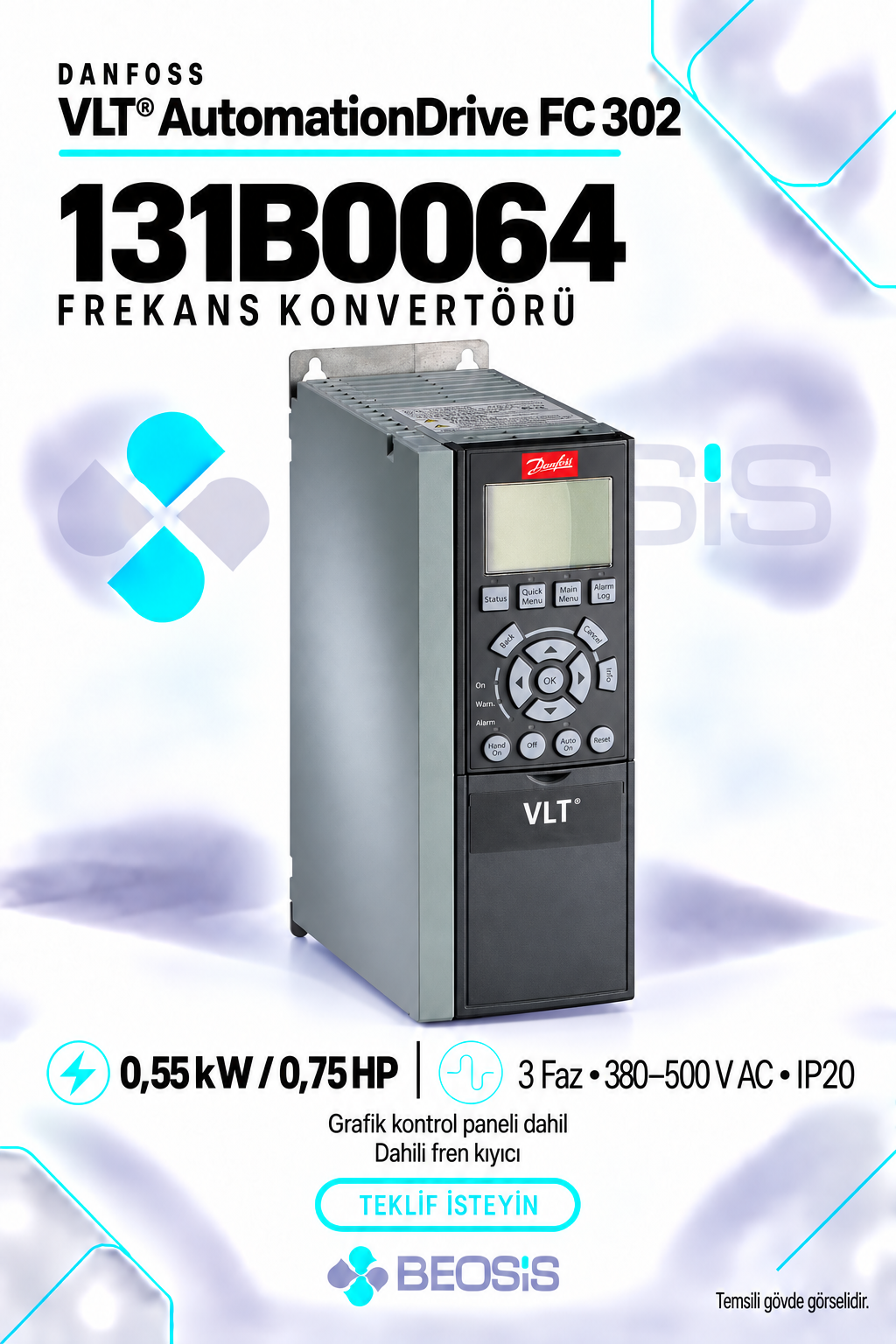 Danfoss 131B0064 VLT AutomationDrive FC 302 0,55 kW 380–500 V IP20 Grafik Panelli ve Fren Kıyıcılı Motor Hız Kontrol Cihazı