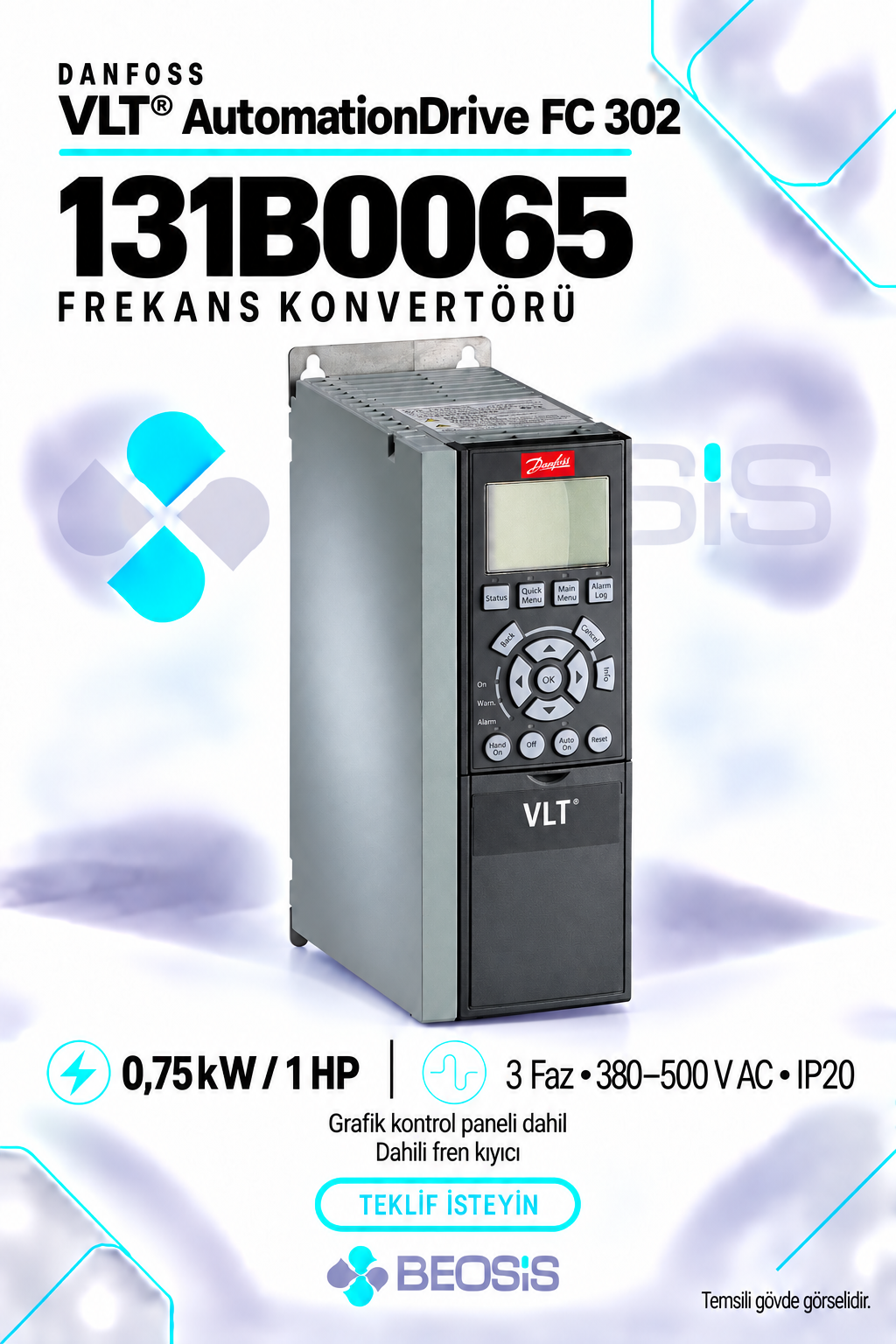 Danfoss 131B0065 VLT AutomationDrive FC 302 0,75 kW 380–500 V IP20 Grafik Panelli ve Fren Kıyıcılı Motor Hız Kontrol Cihazı
