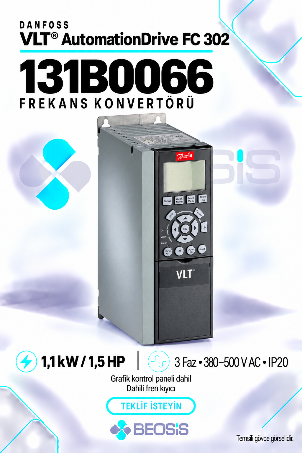 Danfoss 131B0066 VLT AutomationDrive FC 302 1,1 kW 380–500 V IP20 Grafik Panelli ve Fren Kıyıcılı Motor Hız Kontrol Cihazı