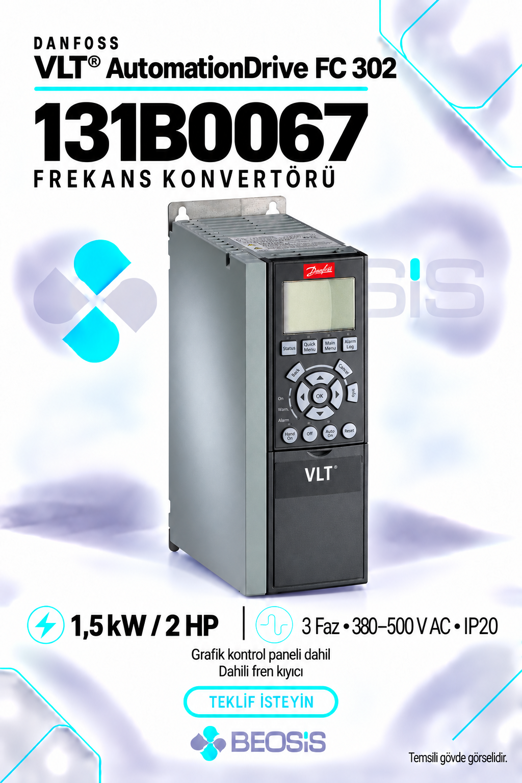 Danfoss 131B0067 VLT AutomationDrive FC 302 1,5 kW 380–500 V IP20 Grafik Panelli ve Fren Kıyıcılı Motor Hız Kontrol Cihazı