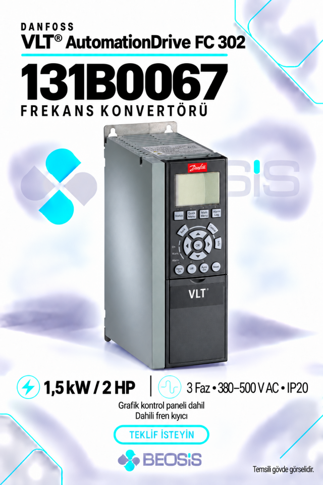 Danfoss 131B0067 VLT AutomationDrive FC 302 1,5 kW 380–500 V IP20 Grafik Panelli ve Fren Kıyıcılı Motor Hız Kontrol Cihazı