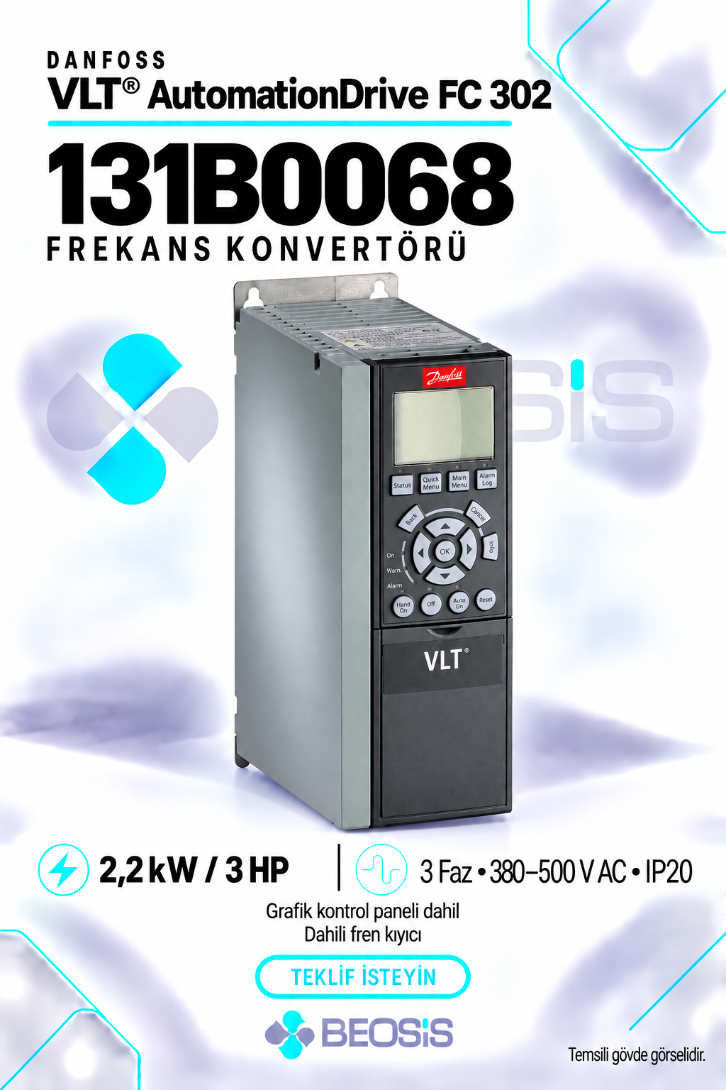 Danfoss 131B0068 VLT AutomationDrive FC 302 2,2 kW 380–500 V IP20 Grafik Panelli ve Fren Kıyıcılı Motor Hız Kontrol Cihazı