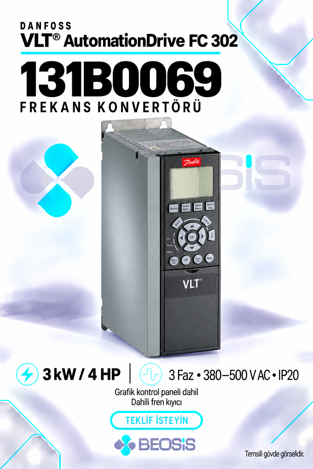 Danfoss 131B0069 VLT AutomationDrive FC 302 3 kW 380–500 V IP20 Grafik Panelli ve Fren Kıyıcılı Motor Hız Kontrol Cihazı