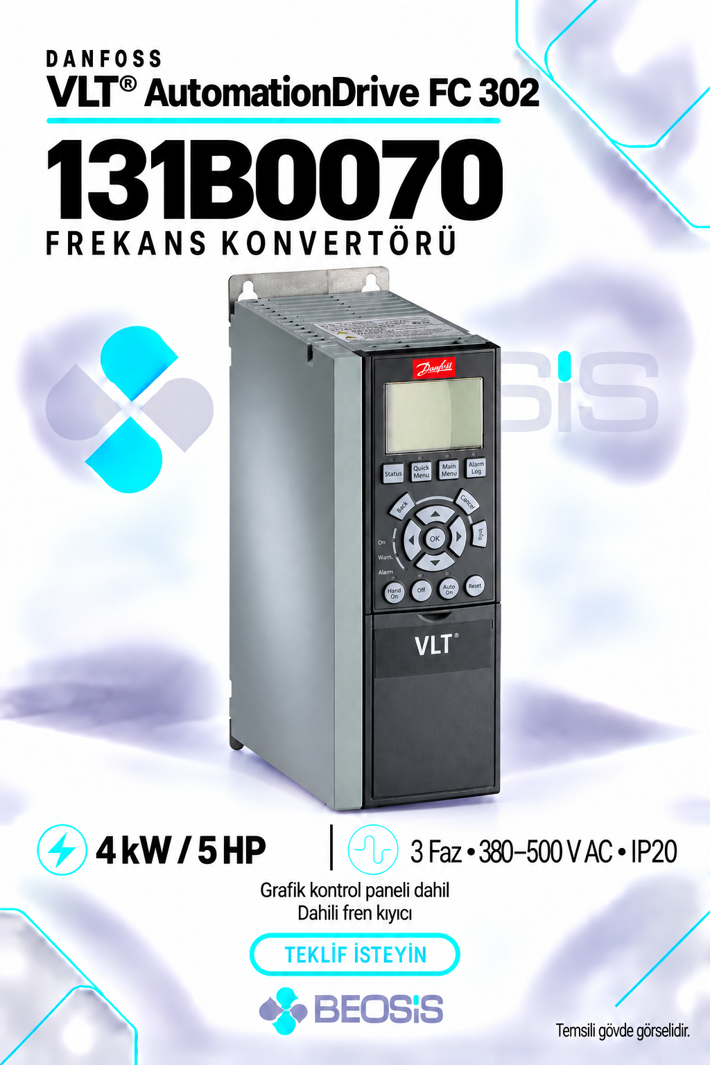 Danfoss 131B0070 VLT AutomationDrive FC 302 4 kW 380–500 V IP20 Grafik Panelli ve Fren Kıyıcılı Motor Hız Kontrol Cihazı