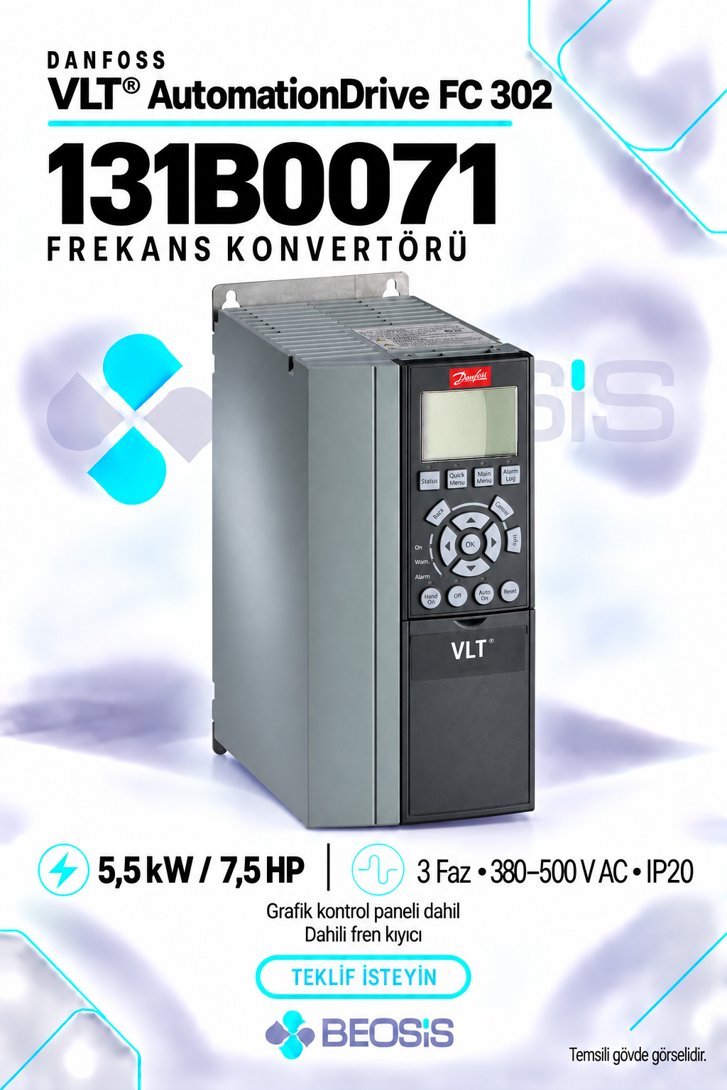 Danfoss 131B0071 VLT AutomationDrive FC 302 5,5 kW 380–500 V IP20 Grafik Panelli ve Fren Kıyıcılı Motor Hız Kontrol Cihazı