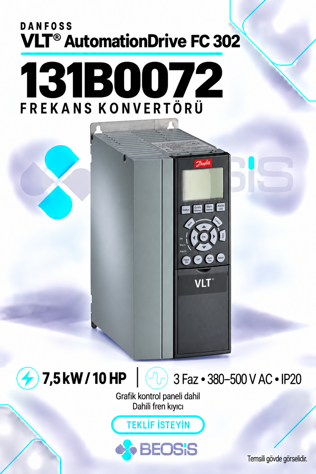 Danfoss 131B0072 VLT AutomationDrive FC 302 7,5 kW 380–500 V IP20 Grafik Panelli ve Fren Kıyıcılı Motor Hız Kontrol Cihazı