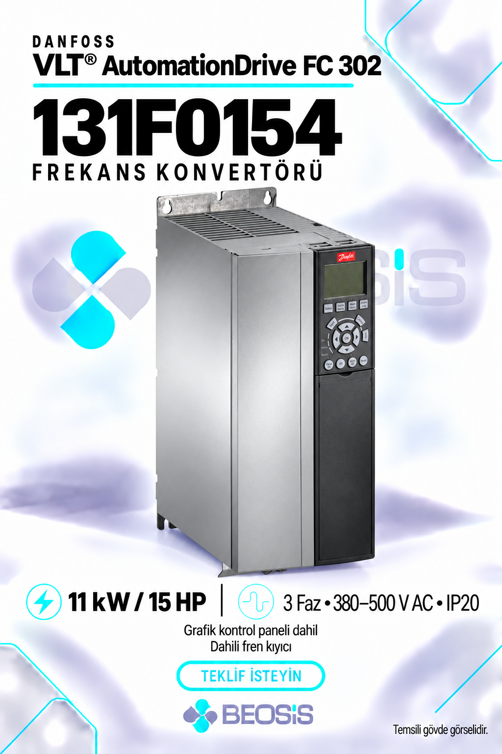Danfoss 131F0154 VLT AutomationDrive FC 302 11 kW 380–500 V IP20 Grafik Panelli ve Fren Kıyıcılı Motor Hız Kontrol Cihazı