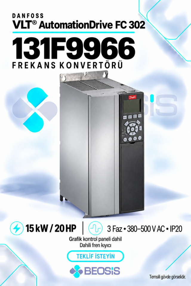 Danfoss 131F9966 VLT AutomationDrive FC 302 15 kW 380–500 V IP20 Grafik Panelli ve Fren Kıyıcılı Motor Hız Kontrol Cihazı