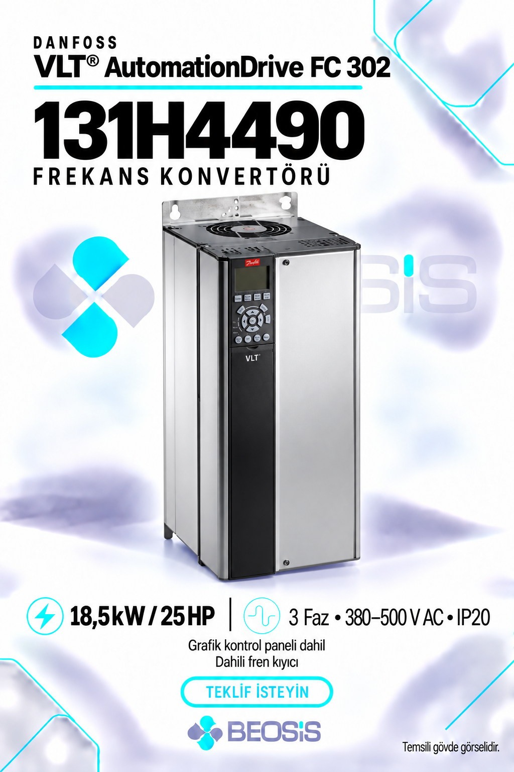 Danfoss 131H4490 VLT AutomationDrive FC 302 18,5 kW 380–500 V IP20 Grafik Panelli ve Fren Kıyıcılı Motor Hız Kontrol Cihazı