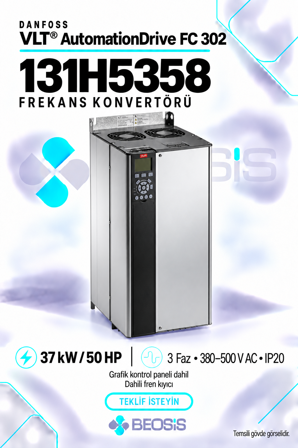 Danfoss 131H5358 VLT AutomationDrive FC 302 37 kW 380–500 V IP20 Grafik Panelli ve Fren Kıyıcılı Motor Hız Kontrol Cihazı