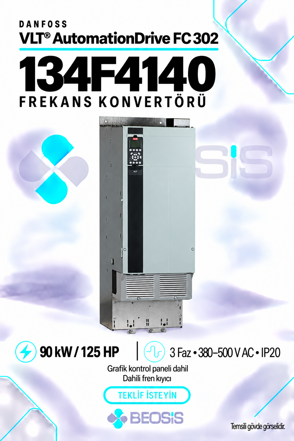 Danfoss 134F4140 VLT AutomationDrive FC 302 90 kW 380–500 V IP20 Grafik Panelli ve Fren Kıyıcılı Motor Hız Kontrol Cihazı