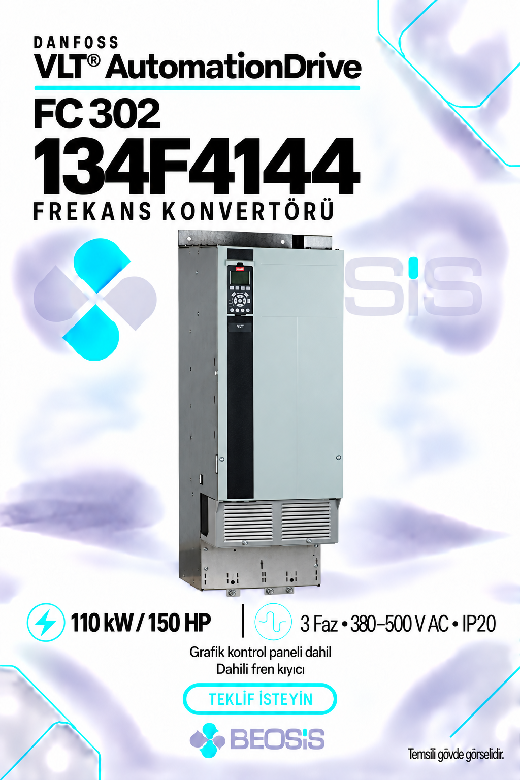 Danfoss 134F4144 VLT AutomationDrive FC 302 110 kW 380–500 V IP20 Grafik Panelli ve Fren Kıyıcılı Motor Hız Kontrol Cihazı