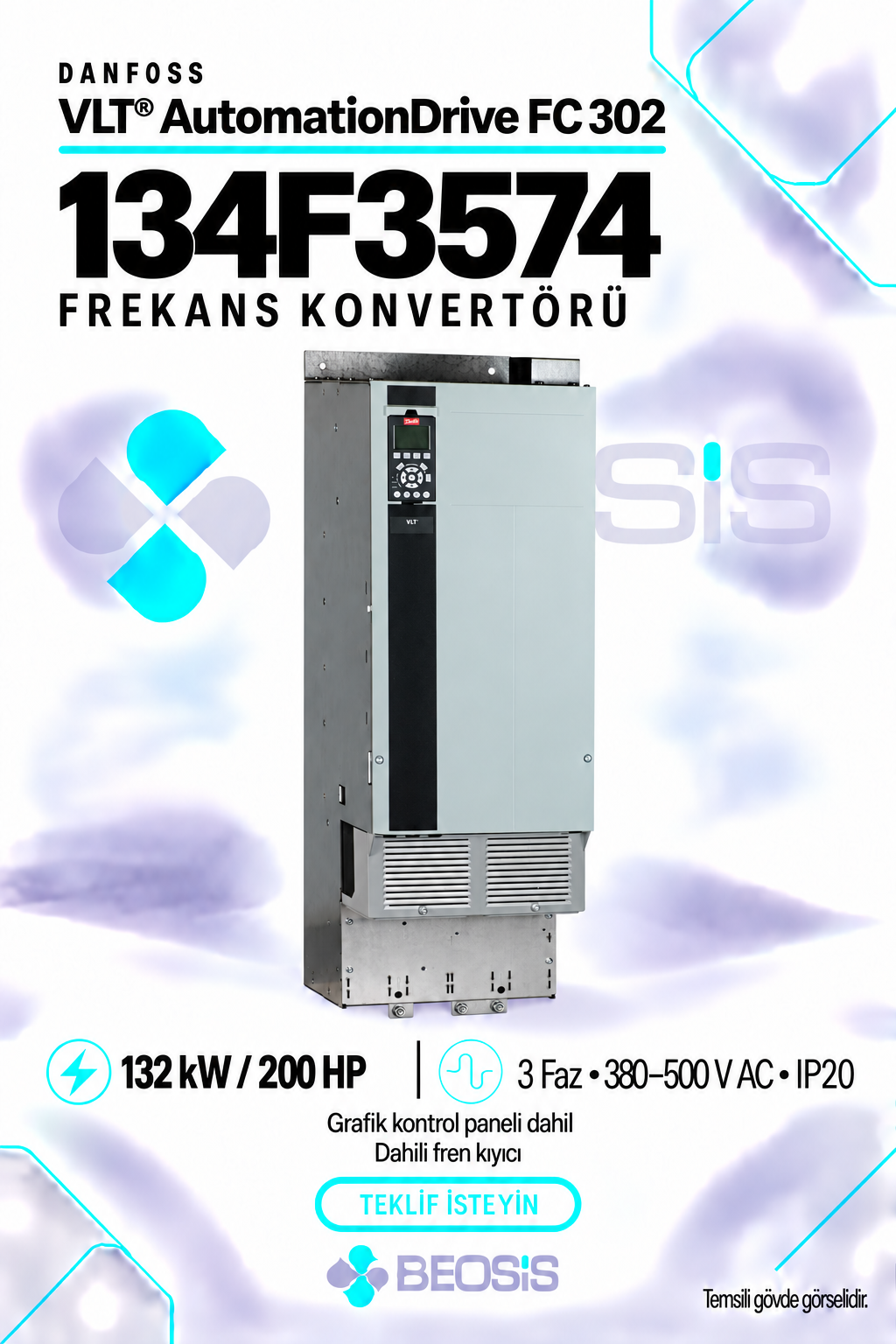 Danfoss 134F3574 VLT AutomationDrive FC 302 132 kW 380–500 V IP20 Grafik Panelli ve Fren Kıyıcılı Motor Hız Kontrol Cihazı