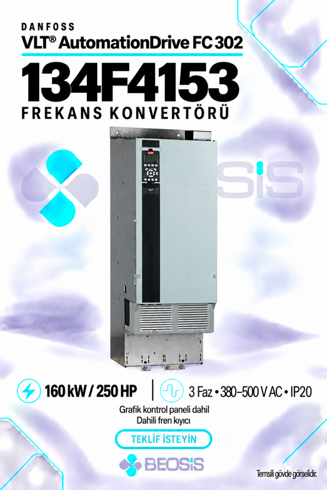 Danfoss 134F4153 VLT AutomationDrive FC 302 160 kW 380–500 V IP20 Grafik Panelli ve Fren Kıyıcılı Motor Hız Kontrol Cihazı