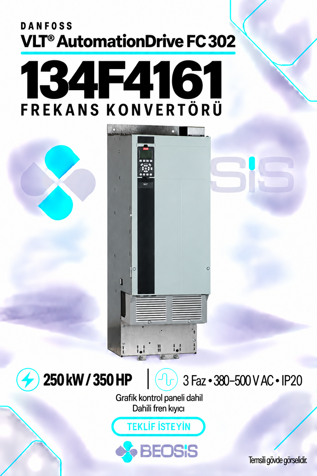 Danfoss 134F4161 VLT AutomationDrive FC 302 250 kW 380–500 V IP20 Grafik Panelli ve Fren Kıyıcılı Motor Hız Kontrol Cihazı