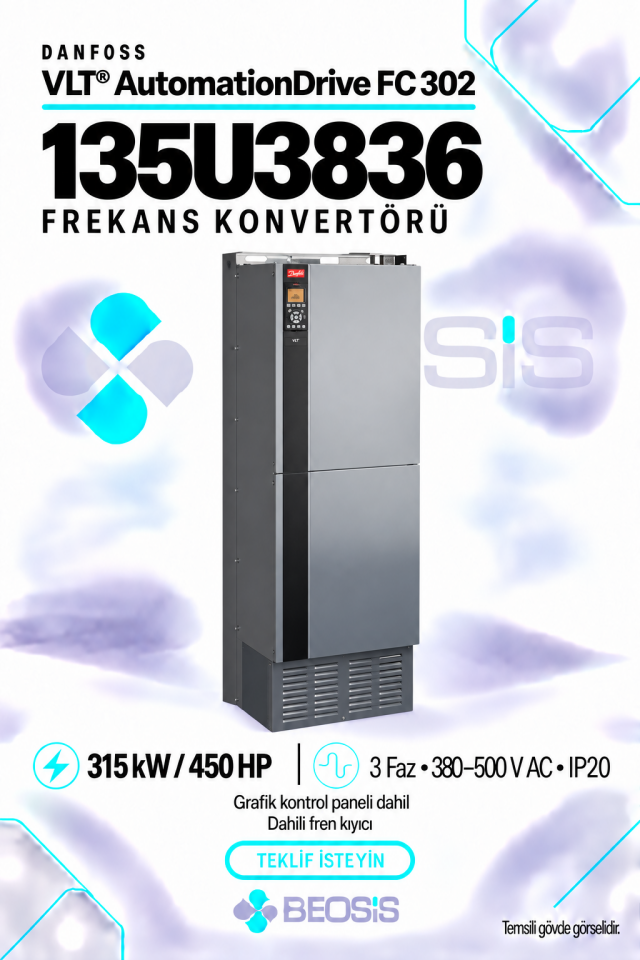 Danfoss 135U3836 VLT AutomationDrive FC 302 315 kW 380–500 V IP20 Grafik Panelli ve Fren Kıyıcılı Motor Hız Kontrol Cihazı